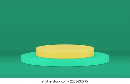 Podium pedestal cylinder steps arena event celebration product presentation 3d design realistic vector illustration. Rounded yellow green platform staircase level minimalist stage studio background