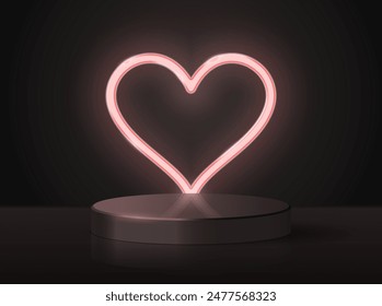 Podium or pedestal on a black background with a glowing neon heart. Minimalistic stage or showcase for product mockup exhibition. Vector illustration.