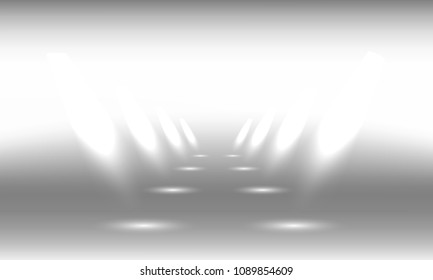 Podium, pedestal or platform illuminated by spotlights on grey background. Stage with scenic lights. Photography studio background. Vector illustration