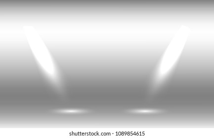 Podium, pedestal or platform illuminated by spotlights on grey background. Stage with scenic lights. Photography studio background. Vector illustration