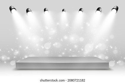  podium, pedestal or platform, illuminated by spotlights in the background. Vector illustrations. Podium with smoke. Bright light. Smoke.	