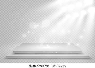 Podium, pedestal or platform, illuminated by spotlights in the background. Vector illustration. Bright light. Light from above. Advertising place
