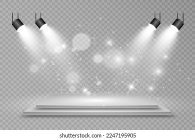 Podium, pedestal or platform, illuminated by spotlights in the background. Vector illustration. Bright light. Light from above. Advertising place
