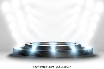 	
Podium, pedestal or platform, illuminated by spotlights in the background. Vector illustration. Bright light. Light from above. Advertising place