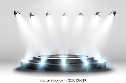 	
Podium, pedestal or platform, illuminated by spotlights in the background. Vector illustration. Bright light. Light from above. Advertising place