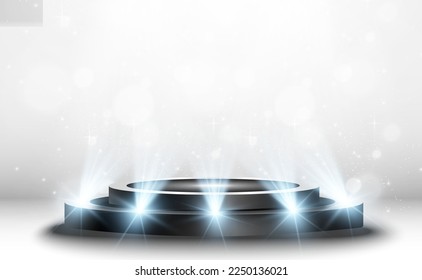 	
Podium, pedestal or platform, illuminated by spotlights in the background. Vector illustration. Bright light. Light from above. Advertising place