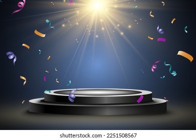 Podium, pedestal or platform, illuminated by spotlights in the background. Vector illustration. Bright light. Light from above. Advertising place	