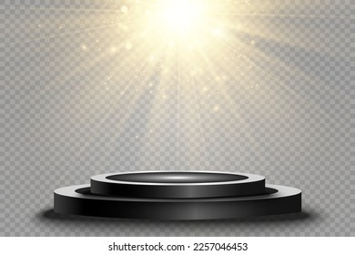 Podium, pedestal or platform, illuminated by spotlights in the background. Vector illustration. Bright light. Light from above. Advertising place