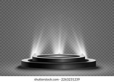 Podium, pedestal or platform, illuminated by spotlights in the background. Vector illustration. Bright light. Light from above. Advertising place