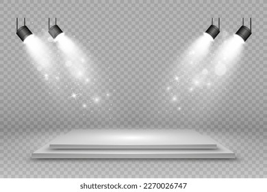 Podium, pedestal or platform, illuminated by spotlights in the background. Vector illustration. Bright light. Light from above. Advertising place