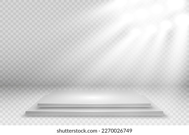 Podium, pedestal or platform, illuminated by spotlights in the background. Vector illustration. Bright light. Light from above. Advertising place