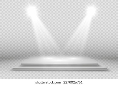 Podium, pedestal or platform, illuminated by spotlights in the background. Vector illustration. Bright light. Light from above. Advertising place