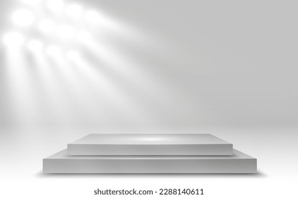 Podium, pedestal or platform, illuminated by spotlights in the background. Vector illustration. Bright light. Light from above. Advertising place	