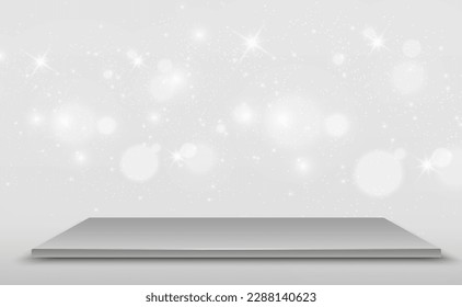 Podium, pedestal or platform, illuminated by spotlights in the background. Vector illustration. Bright light. Light from above. Advertising place	