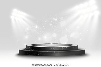 Podio, pedestal o plataforma, iluminado por focos en el fondo. Ilustración vectorial. Luz brillante. Luz desde arriba. Lugar de publicidad	