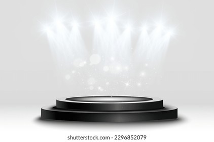 Podium, pedestal or platform, illuminated by spotlights in the background. Vector illustration. Bright light. Light from above. Advertising place	