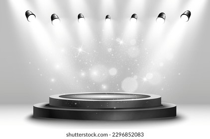 Podium, pedestal or platform, illuminated by spotlights in the background. Vector illustration. Bright light. Light from above. Advertising place	