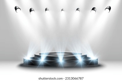 Podium, pedestal or platform, illuminated by spotlights in the background. Vector illustration. Bright light. Light from above. Advertising place	
