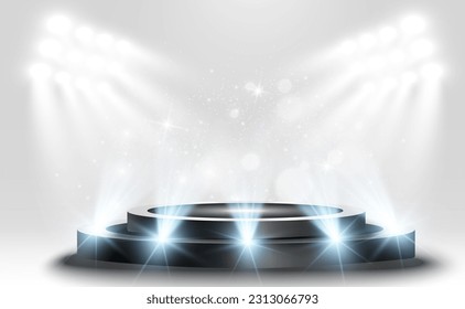 Podium, pedestal or platform, illuminated by spotlights in the background. Vector illustration. Bright light. Light from above. Advertising place	
