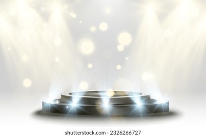 	
Podium, pedestal or platform, illuminated by spotlights in the background. Vector illustration. Bright light. Light from above. Advertising place