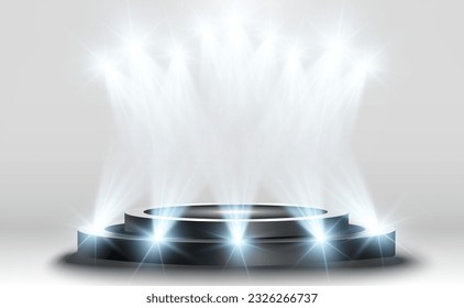 	
Podium, pedestal or platform, illuminated by spotlights in the background. Vector illustration. Bright light. Light from above. Advertising place
