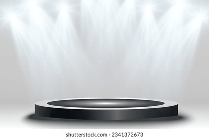 	
Podium, pedestal or platform, illuminated by spotlights in the background. Vector illustration. Bright light. Light from above. Advertising place