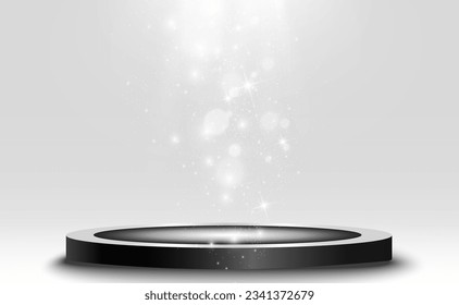 	
Podium, pedestal or platform, illuminated by spotlights in the background. Vector illustration. Bright light. Light from above. Advertising place
