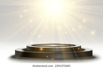 	
Podium, pedestal or platform, illuminated by spotlights in the background. Vector illustration. Bright light. Light from above. Advertising place