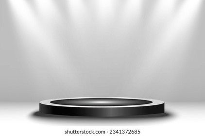 	
Podium, pedestal or platform, illuminated by spotlights in the background. Vector illustration. Bright light. Light from above. Advertising place