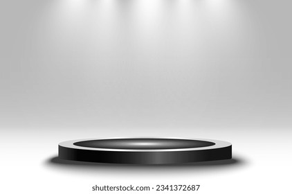 	
Podium, pedestal or platform, illuminated by spotlights in the background. Vector illustration. Bright light. Light from above. Advertising place