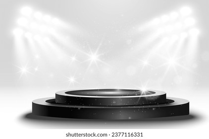 Podium, pedestal or platform, illuminated by spotlights in the background. Vector illustration. Bright light. Light from above. Advertising place
