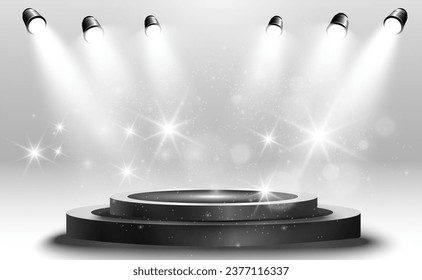 Podium, pedestal or platform, illuminated by spotlights in the background. Vector illustration. Bright light. Light from above. Advertising place