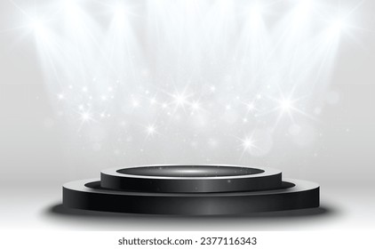 Podium, pedestal or platform, illuminated by spotlights in the background. Vector illustration. Bright light. Light from above. Advertising place