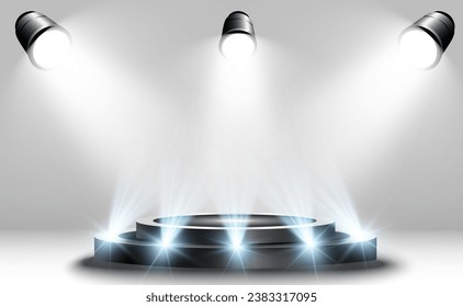 Podium, pedestal or platform, illuminated by spotlights in the background. Vector illustration. Bright light. Light from above. Advertising place	
