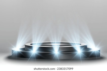 Podium, pedestal or platform, illuminated by spotlights in the background. Vector illustration. Bright light. Light from above. Advertising place	
