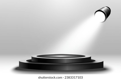 Podium, pedestal or platform, illuminated by spotlights in the background. Vector illustration. Bright light. Light from above. Advertising place	
