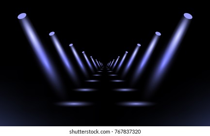 Podium, pedestal or platform illuminated by spotlights on black background. Stage with scenic lights. Vector illustration
