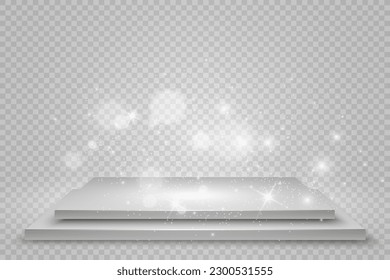 Podium, pedestal or platform, with sparks in the background. Vector illustration. Bright light. Light from above. Place for ads