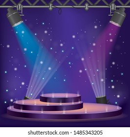 Podium, pedestal or platfrom scene and colorful stage lights with violet background and spotlighting. Illustration art cartoon vector - Shutterstock ID 1485343205