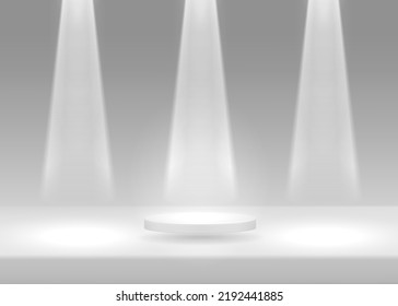 Pastilla de podio. Concepto de vector 3d realista iluminado velador por focos en fondo blanco
