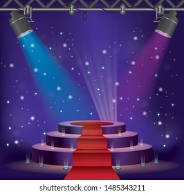 Podium pedestal scene with red carpet and colorful lighting projectors with violet background and spotlighting. Illustration art cartoon vector