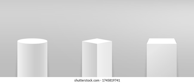 Podium or pedestal set in different forms. Platform for product presentation, branding design, museum stage. Mockup of 3d podium, rounded and cubic stands. Place for exhibition and advertising. Vector