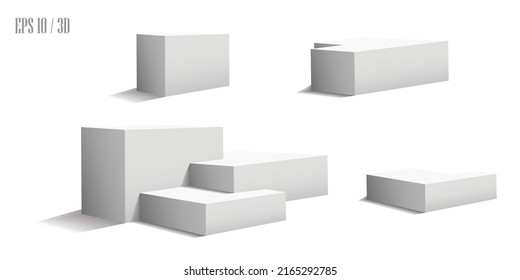 Podium pedestal, vector display platform or 3D stage stand, realistic racked dais. White studio podium background or product display pedestal platform pillars
