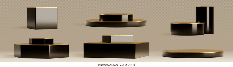 Podium pedestals set - bases pretas com topos de ouro e guarnição. Formas geométricas brilhantes em várias formas - plataforma retangular e hexagonal para cerimônia de premiação palco ou exibição de produto de varejo de luxo.