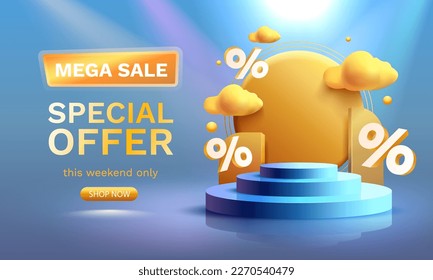 Podium percentage business poster, discount banner offer. Vector illustration