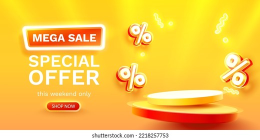 Podium percentage, flyer event product. sale off banner. Vector illustration