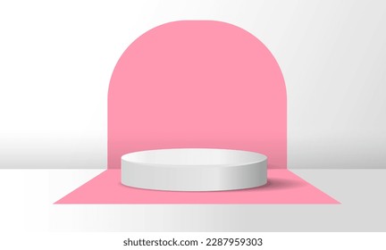 Podio con arco rosado. Lugar para presentaciones. Pavimento blanco y de mármol. Cilindro abstracto o plataforma para productos cosméticos. Plantilla, disposición y burla. Ilustración vectorial 3D realista