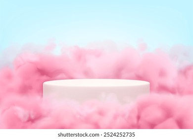 Podio en nubes rosadas. Vector de fondo realista, humo de color pastel en el cielo azul. Plataforma para la exhibición del producto en el cielo de ensueño. maqueta de Anuncio