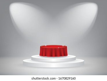 Podio para colocar objetos cubiertos de tela roja y luces sobre fondo oscuro para publicidad, afiche y banner web.