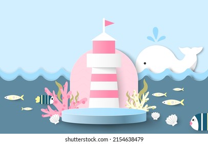 Podium for placing products atmosphere under the sea blue background. decoration, whale, fish, coral, lighthouse, shellfish, sky. paper cut and craft style. vector art and illustration.